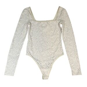 BABATON White Shape Lace Square Neck Long Sleeve Thong‎ Bodysuit 2XS